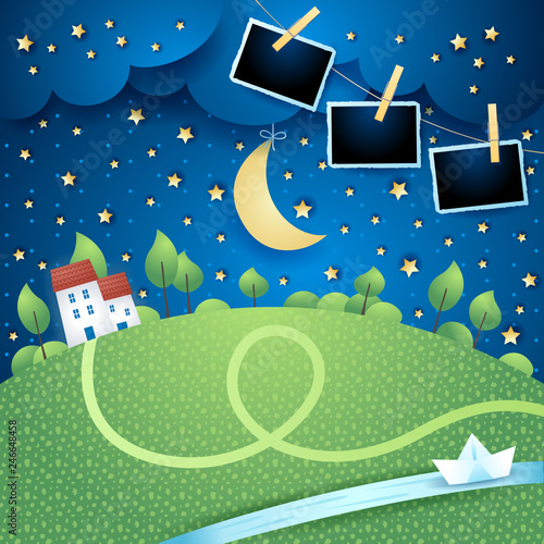 Night landscape with river and photo frames