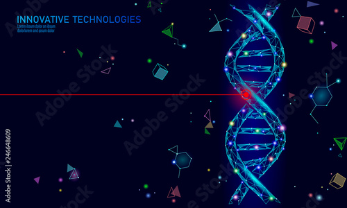 Gene therapy DNA 3D chemical molecule structure low poly. Polygonal triangle point line healthy cell part. Innovation blue medicine genome engineering vector illustration future business technology