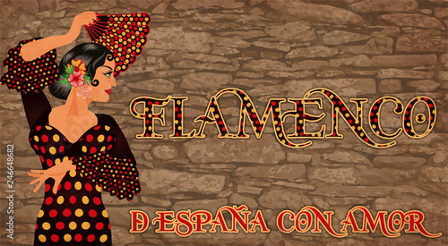 Flamenco. from Spain with Love. Invitation banner with beautiful spanish girl and fan, vector illustration
