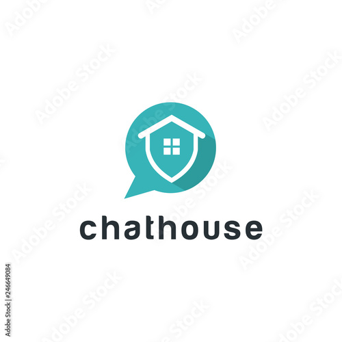 House in chat bubble line icon, urban communication logo vector