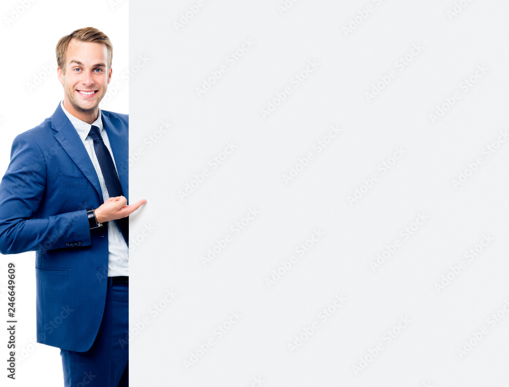 businessman showing signboard with copyspace businessman showing signboard with copyspace