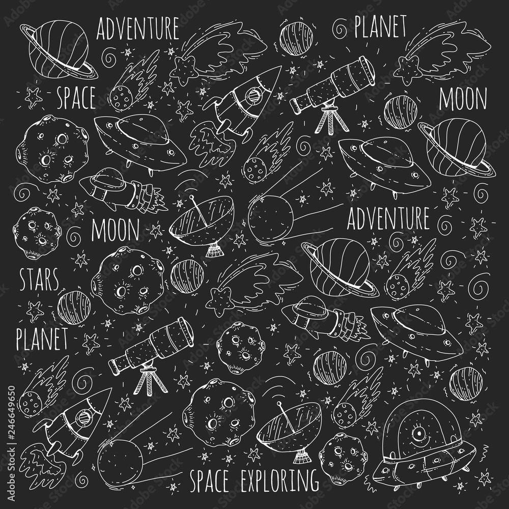 Naklejka premium Space vector illustration. Science, technology pattern. Rocket and spaceships.