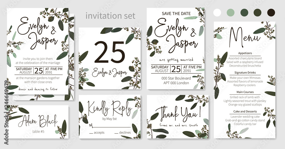 Set of wedding invitations, floral invitations, table, menu, thank you, rsvp card design. Blooming eucalyptus, dark green with long leaves botanical. Vector elegant watercolor rustic, template