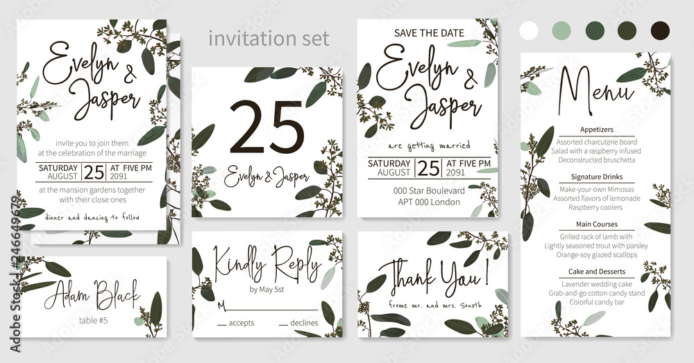 Set of wedding invitations, floral invitations, table, menu, thank you, rsvp card design. Blooming eucalyptus, dark green with long leaves botanical. Vector elegant watercolor rustic, template Set of wedding invitations, floral invitations, table, menu, thank you, rsvp card design. Blooming eucalyptus, dark green with long leaves botanical. Vector elegant watercolor rustic, template