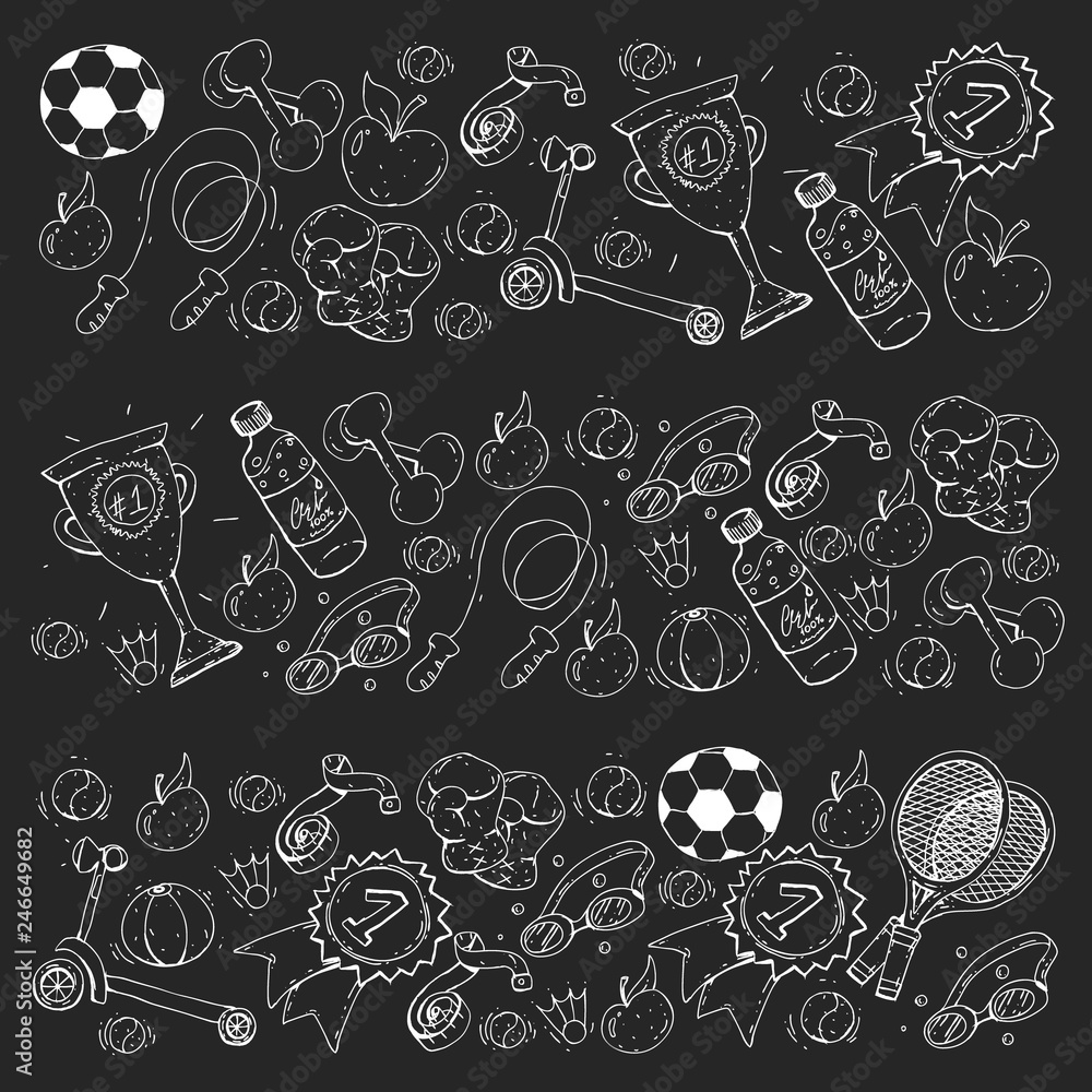 Vector pattern with sport elements. Fitness, games, exercises. Vector pattern with sport elements. Fitness, games, exercises.