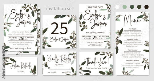 Set of wedding invitations, floral invitations, table, menu, thank you, rsvp card design. Blooming eucalyptus, dark green with long leaves botanical. Vector elegant watercolor rustic, template