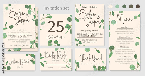 Set of wedding invitations, floral invitations, table, menu, thank you, rsvp card design. Eucalyptus silver dollar, light green with long leaves botanical. Vector elegant watercolor rustic , template photo