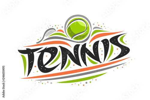 Vector logo for Tennis sport, creative contour illustration of hitting ball in goal, original decorative brush typeface for word tennis, simplistic cartoon sports banner with lines and dots on white.