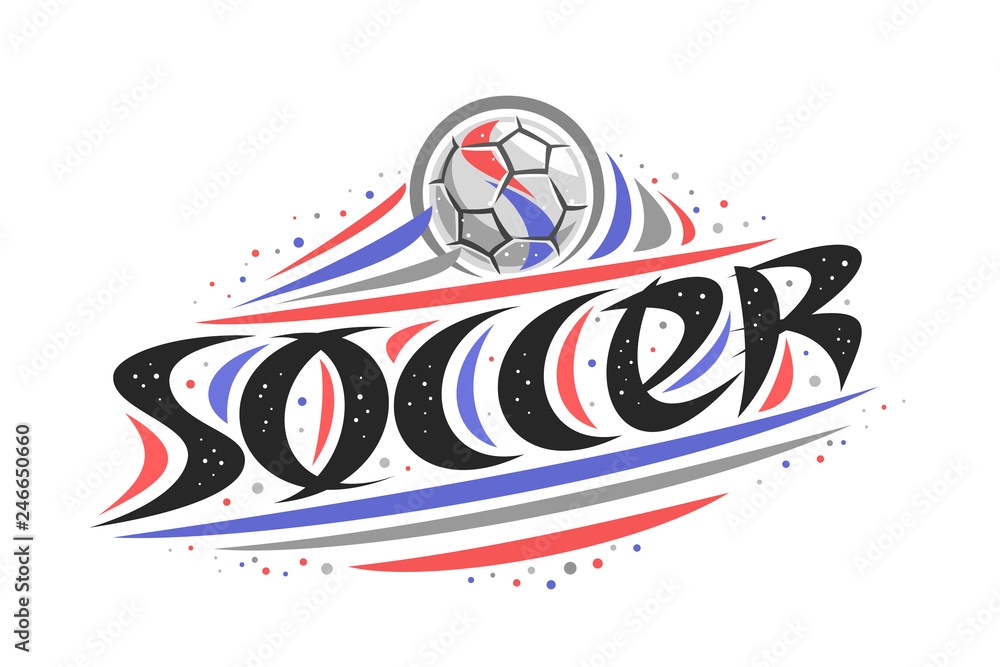 Vector logo for Soccer, outline creative illustration of hitting ball in goal, original decorative brush typeface for word soccer, abstract simplistic sports banner with lines and dots on white.