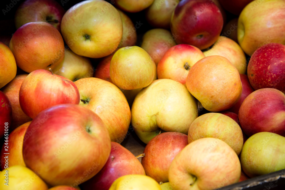 ripe red apples on the counter in the supermarket ripe red apples on the counter in the supermarket