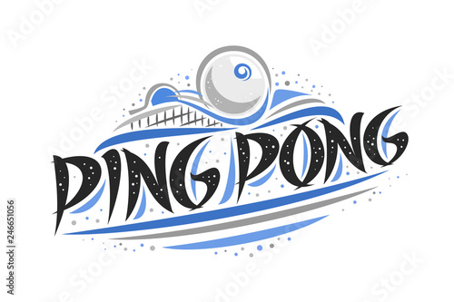 Vector logo for Ping Pong, outline creative illustration of hitting ball in goal, original decorative brush typeface for words ping pong, abstract simplistic sports banner with lines and dots on white