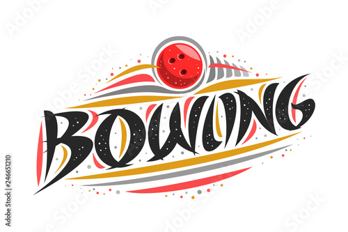 Vector logo for Bowling, outline creative illustration of throwing ball in goal, original decorative brush typeface for word bowling, abstract simplistic sports banner with lines and dots on white.