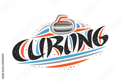 Vector logo for Curling, outline creative illustration of throwing rock in goal, original decorative brush typeface for word curling, abstract simplistic sports banner with lines and dots on white.