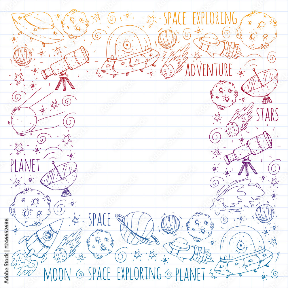 Space vector illustration. Science, technology pattern. Rocket and spaceships.