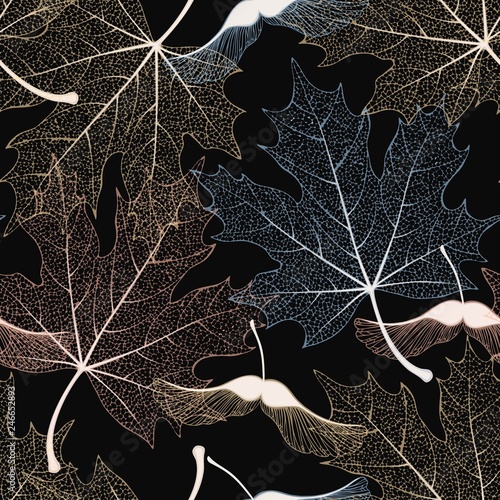 Skeleton maple leaves and seeds seamless pattern