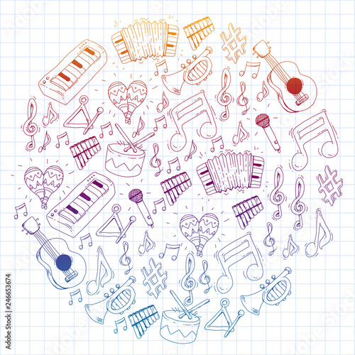 Music background for patterns. Vector illustration with musical instruments.