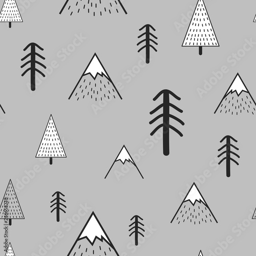 Cute hand drawn seamless pattern with trees and mountains. Creative scandinavian woodland background. Forest. Stylish sketch. Vector illustration
