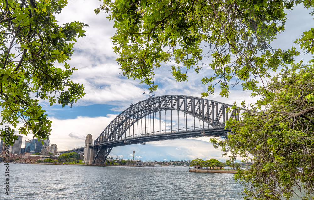 Sydney Harbor Bridge at sunset on a cloudy day, Australia Sydney Harbor Bridge at sunset on a cloudy day, Australia