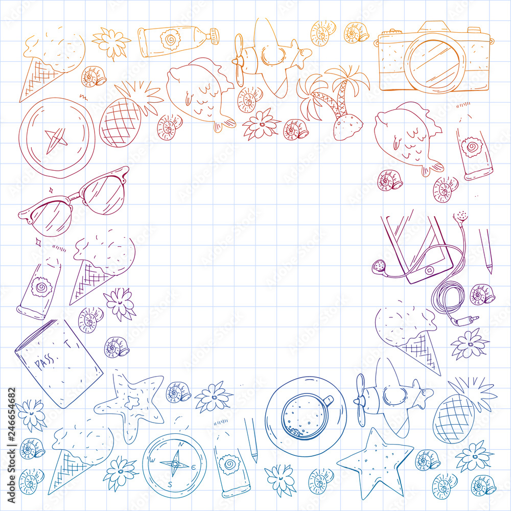 Travel vector pattern. Adventure, beach, tropical design. Travel vector pattern. Adventure, beach, tropical design.