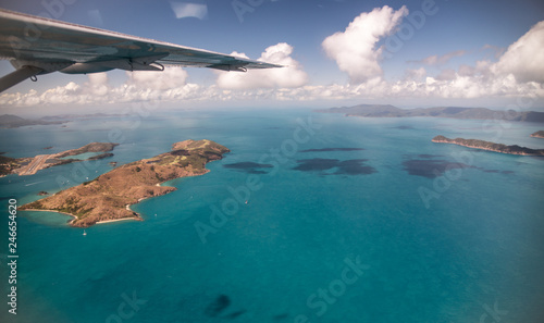 Aerial view of Whitsunday Archipelago and Hamilton Island airport.Queensland from the sky