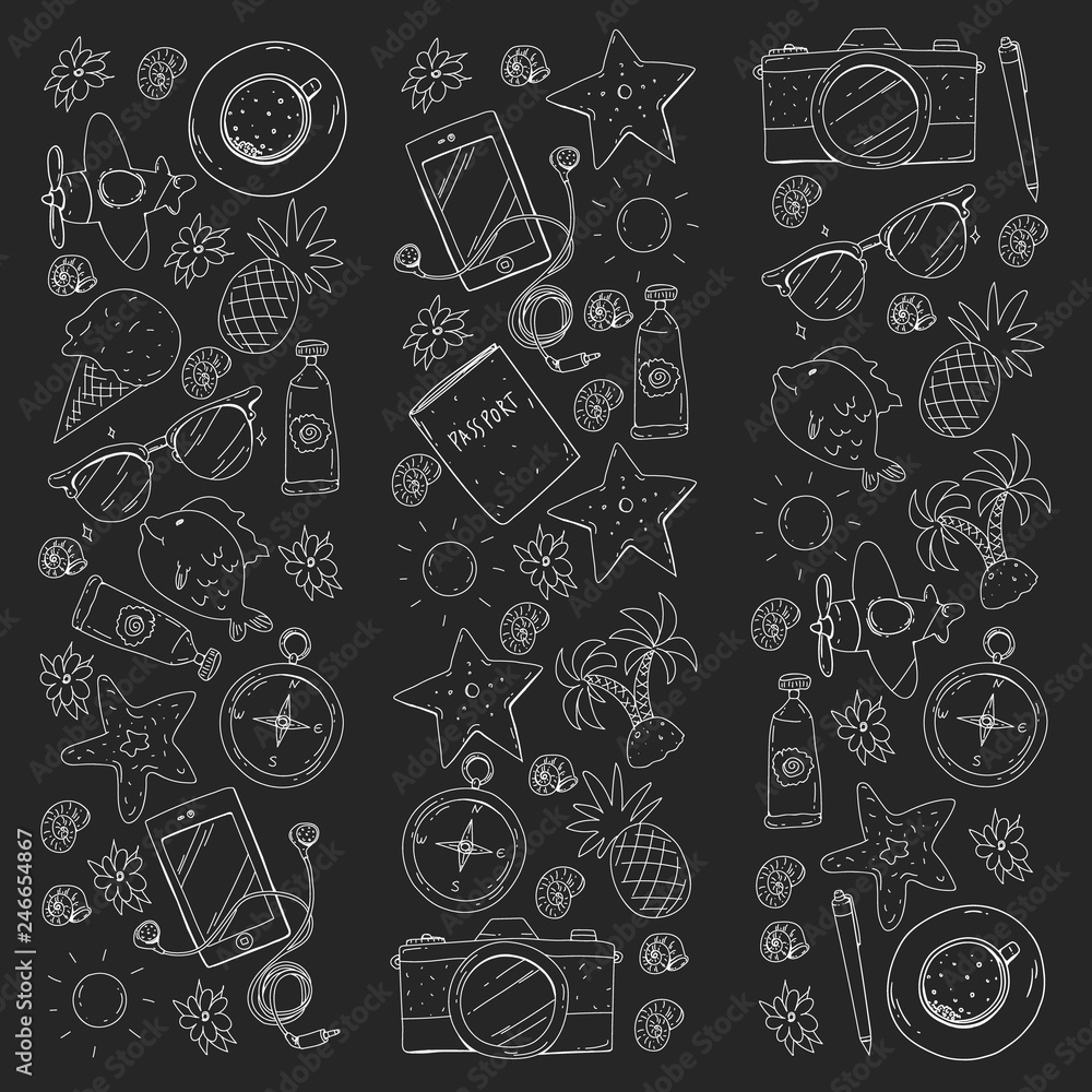 Travel vector pattern. Adventure, beach, tropical design. Travel vector pattern. Adventure, beach, tropical design.