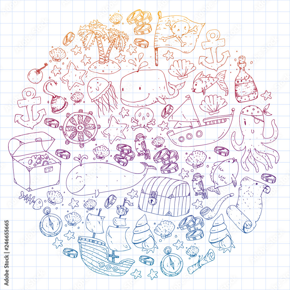 Ocean and sea for children. Cartoon illustration with water creatures. Cute fishes, animals, treasures. Kids vacation pattern, beach toys and elements. Ocean and sea for children. Cartoon illustration with water creatures. Cute fishes, animals, treasures. Kids vacation pattern, beach toys and elements.