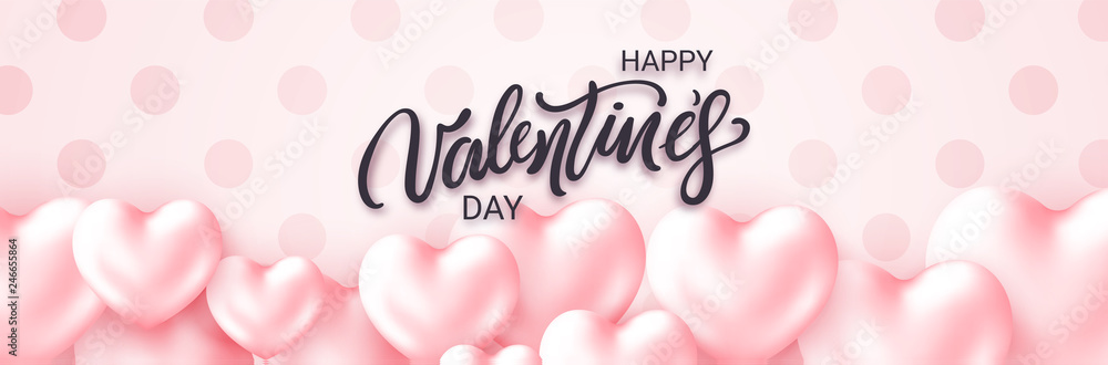 Cute Happy Valentine's Day calligraphy card with Hearts. Modern patterned background. Horizontal holidays poster, add, header, website. Cute Happy Valentine's Day calligraphy card with Hearts. Modern patterned background. Horizontal holidays poster, add, header, website.