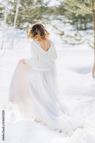 woman stylish lush dress woods winter