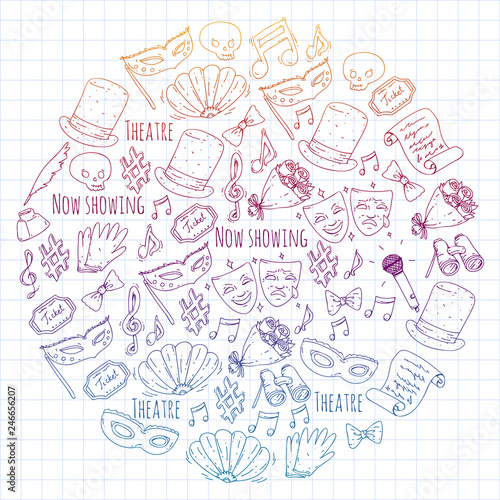 Theatre vector illustration. Entertaiment, cinema, stage, event. Background for banners, posters.