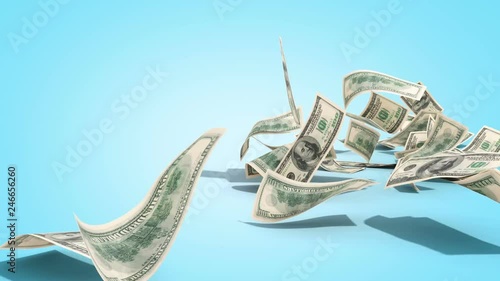 dollar hundred bills banknotes blows away from the pile 3d render on blue