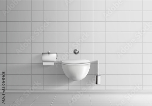 Modern toilet room minimalistic interior realistic vector mockup with white tiled walls and floor, wall-hanging toilet bowl, wall-mounted flushing button, paper and brush in metal holders illustration