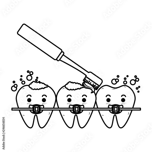 comic teeth with brush and orthodontics characters
