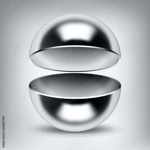 Vector chrome hollow sphere, open glossy metal ball, abstract object for you project design