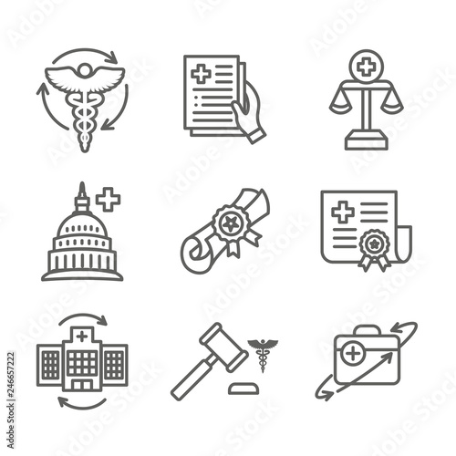 Health Laws and Legal icon set depicting various aspects of the legal system