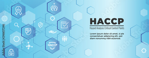 HACCP - Hazard Analysis Critical Control Points icon set and web header banner with award or checkmark