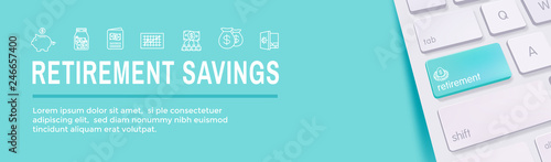 Retirement Account and Savings Icon Set Web Header Banner w Mutual Fund, Roth IRA, etc