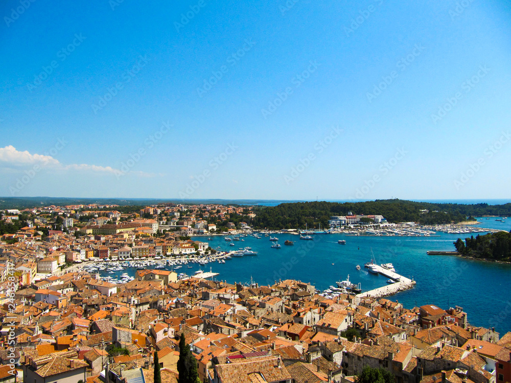 Beautiful view of the roofs and the Bay of Rovinj, Istria, Croatia.