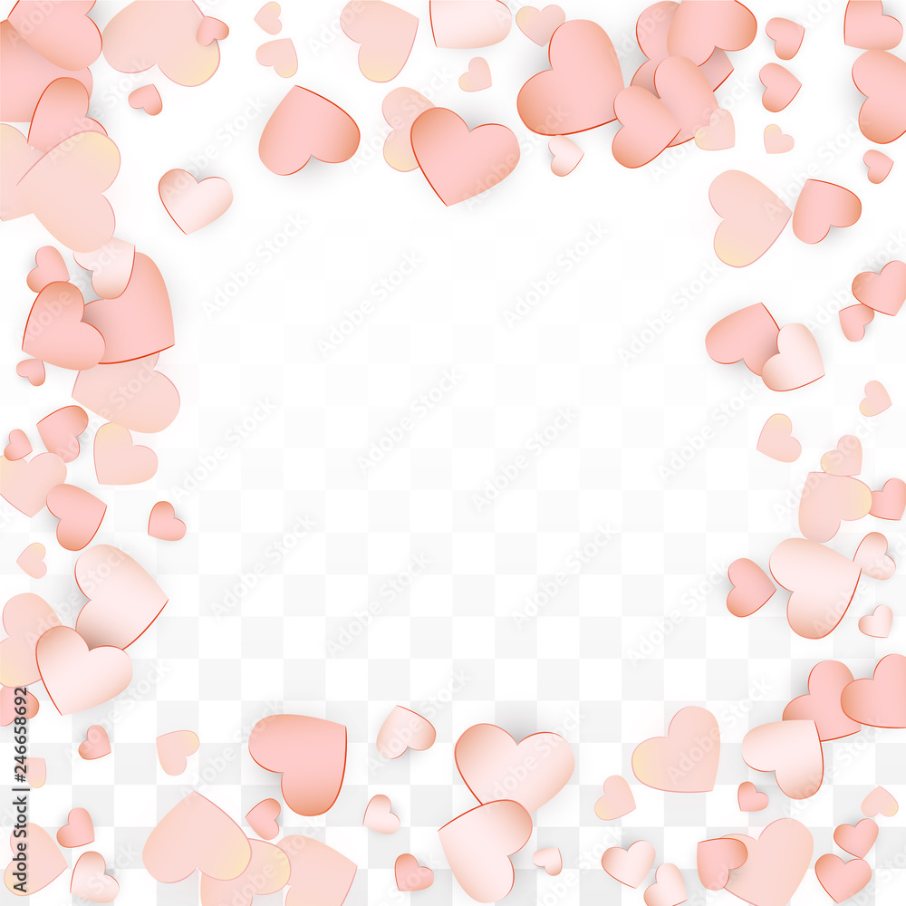 Love Hearts Confetti Falling Background. St. Valentine's Day pattern Romantic Scattered Hearts. Vector Illustration for Cards, Banners, Posters, Flyers for Wedding, Anniversary, Birthday Party, Sales.