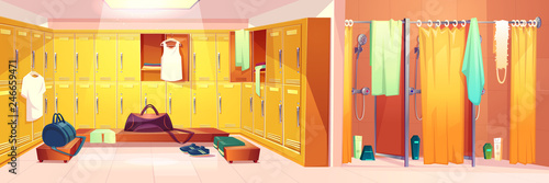 Vector gym interior - changing room with lockers and shower cabins with curtains. Sport club concept - dressing after training and washing. Cartoon shelves with clothes, towels.