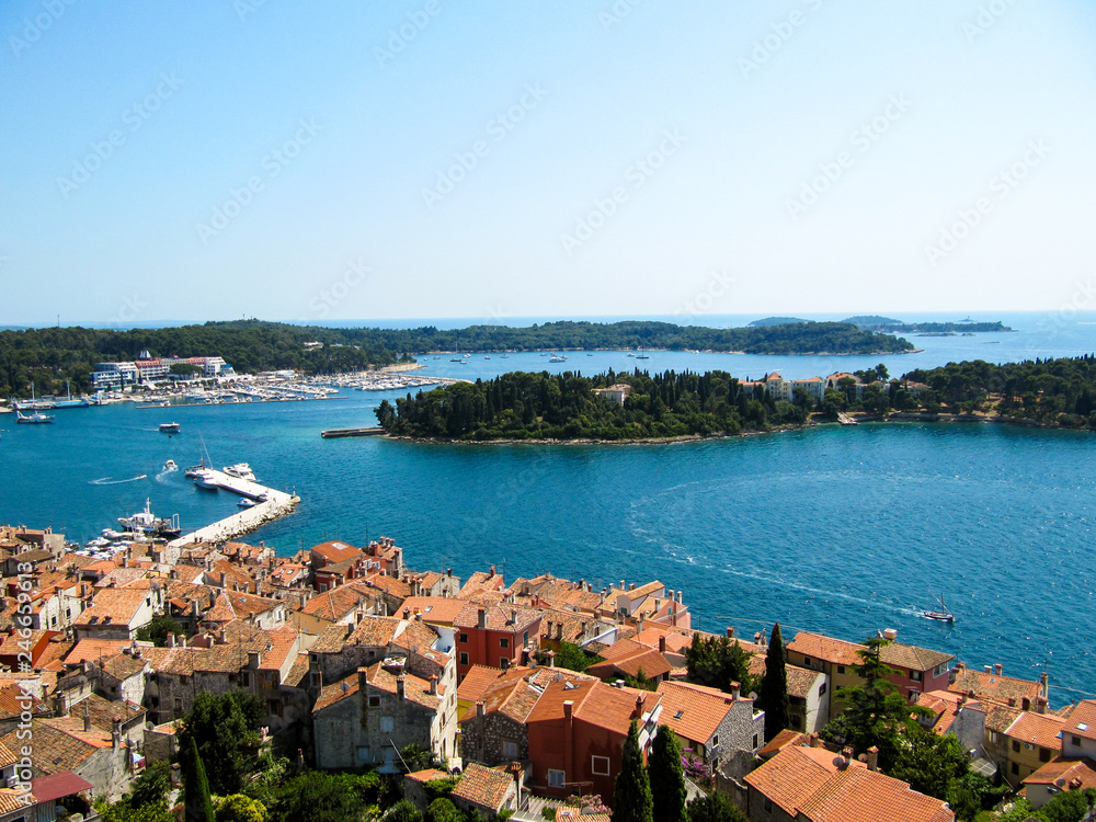 Beautiful view of the roofs and the Bay of Rovinj, Croatia.