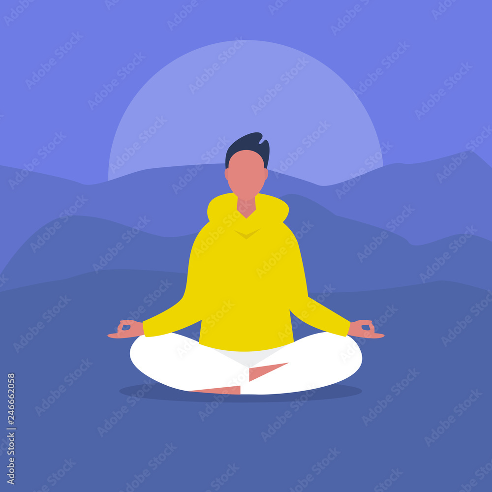 Meditation. Outdoor yoga. Harmony and relaxation. Calm male character sitting in a lotus pose. Flat editable vector illustration, clip art. Modern healthy lifestyle