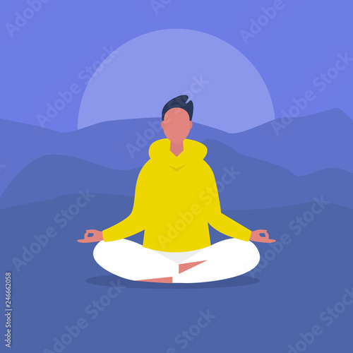 Meditation. Outdoor yoga. Harmony and relaxation. Calm male character sitting in a lotus pose. Flat editable vector illustration, clip art. Modern healthy lifestyle