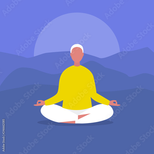 Meditation. Outdoor yoga. Harmony and relaxation. Calm male character sitting in a lotus pose. Flat editable vector illustration, clip art. Modern healthy lifestyle