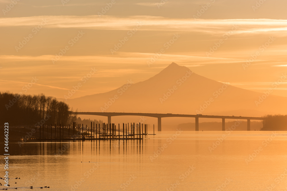 Fototapeta premium Mt Hood and the Columbia River on an early golden light morning