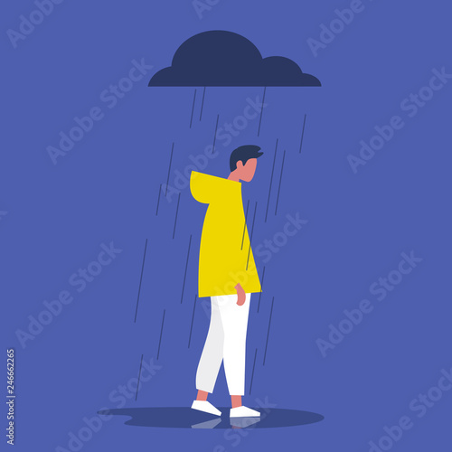 Sad male character standing under the rain. Overcast weather. Emotions. Solitude concept. Flat editable vector illustration, clip art