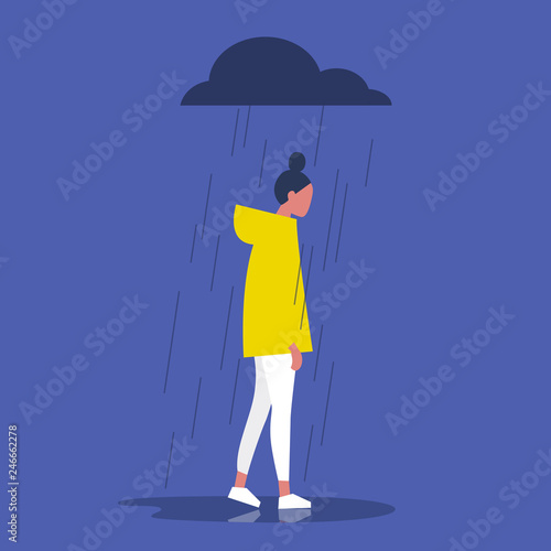Sad female character standing under the rain. Overcast weather. Emotions. Solitude concept. Flat editable vector illustration, clip art