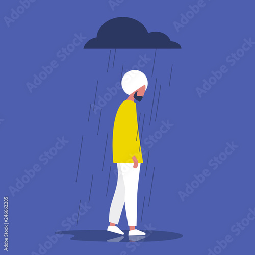 Sad indian character standing under the rain. Overcast weather. Emotions. Solitude concept. Flat editable vector illustration, clip art