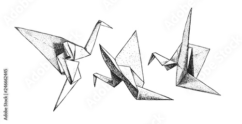 Tree origami cranes isolated from the background. East art of origami. Paper birds. Hand drawn, ink, graphics, vintage illustration.