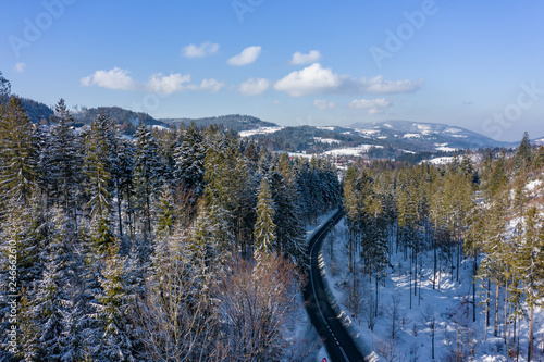 Winter scenery in Silesian Beskids mountains. View from above. Landscape photo captured with drone. Poland, Europe. photo