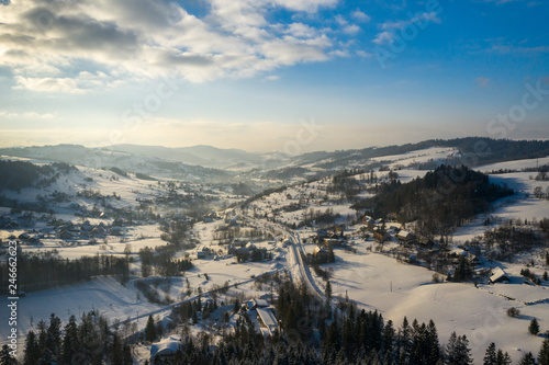 Winter scenery in Silesian Beskids mountains. View from above. Landscape photo captured with drone. Poland, Europe.